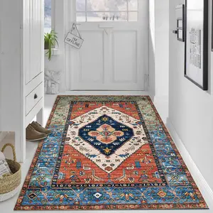Velvet + 850g/m² + Anti-slip dotted base, 1pc rich red and orange color blocking, Persian-style geometric diamond pattern rug, versatile in decorating styles, high-definition pattern printing with double-locked edges, Decorative area rug