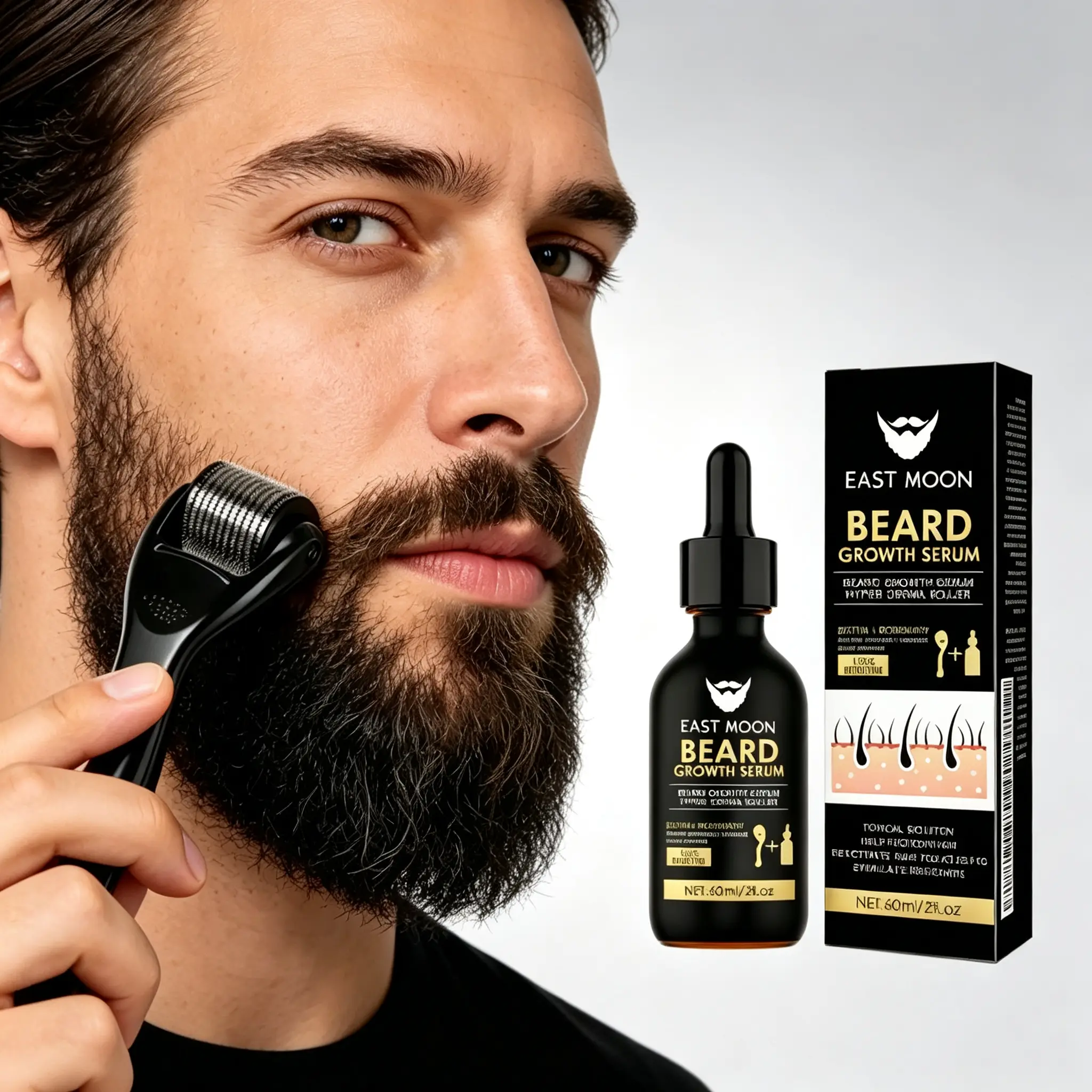 Beard Growth Serum&Beard Massage Derma Roller,Beard Care Nutritional Oil, Making Beards Thicker and More Shiny, Men's Daily Beard Care Products and Tools, Christmas gift new year gift