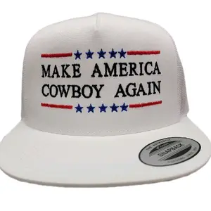 Cowboy Style Hat - "Make America Cowboy Again" Directly Embroidered Mesh Adjustable Snapback Flat Bill Trucker Cap (White, Black)
