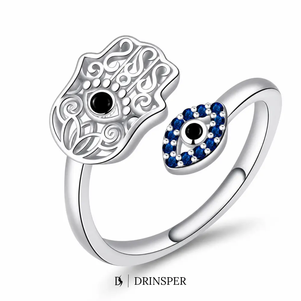 DRINSPER Women's Adjustable Copper Open Band Jewelry Ring - Hecate Witch's Knot, Evil Eye, Hamsa Hand Accent, Blue Cubic Zirconia, Black Center Stone, Fantasy Themed Simulated Crystal Ring for Women, Jewelry Rings