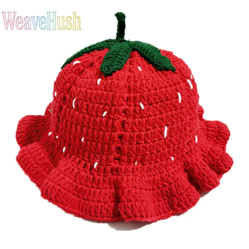 Women’s Hand‑Crocheted Strawberry Knit Bucket Hat, Viral Sweet Cute Ruffled Edge Pullover Wool Hat, Cozy Warm Fall & Winter Headwear, Versatile Casual Accessory for Daily Outfits, Outdoor Trips, Street Style & Trendy Cold‑Weather Occasions