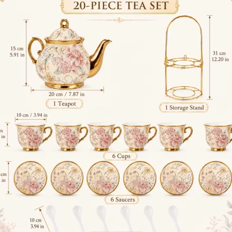 20pcs Large Porcelain Tea Set with 24fl.oz Teapot & 5fl.oz Cups, Metal Holder, European Ceramic Turkish Coffee Cups & Saucers, Luxury Arabic Tea Cups for Espresso, Cappuccino, Latte, Mocha-Perfect for Daily Use, Tea Parties, And Gift Giving