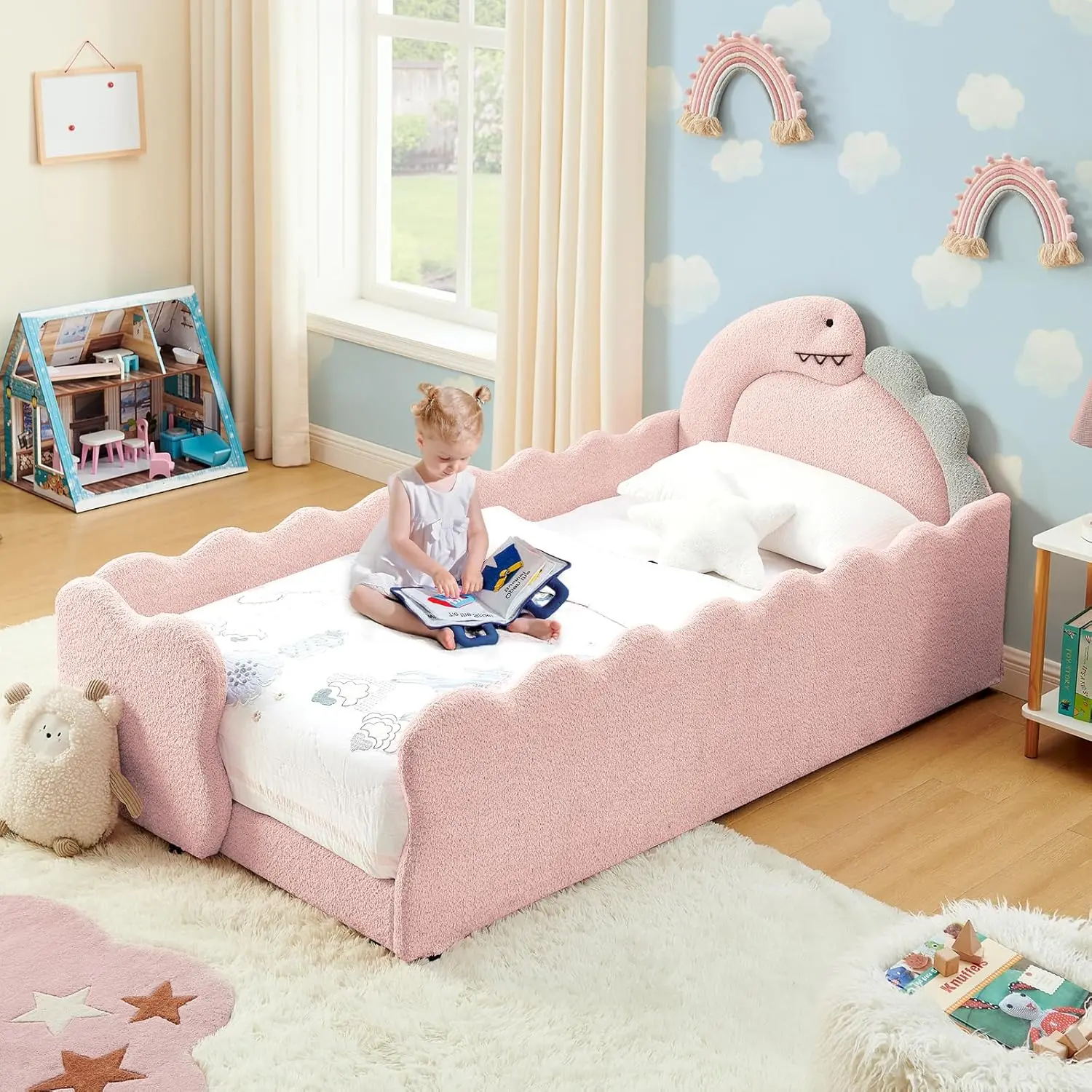 Twin Size Kids Bed with Dinosaur Headboard, Upholstered Boucle Fabric Twin Daybed with Slats Support & Side Pocket, Space-Saving Wooden Corner Sofa Couch Day Bed Frame for Girl, Boy, Teenager(Pink)