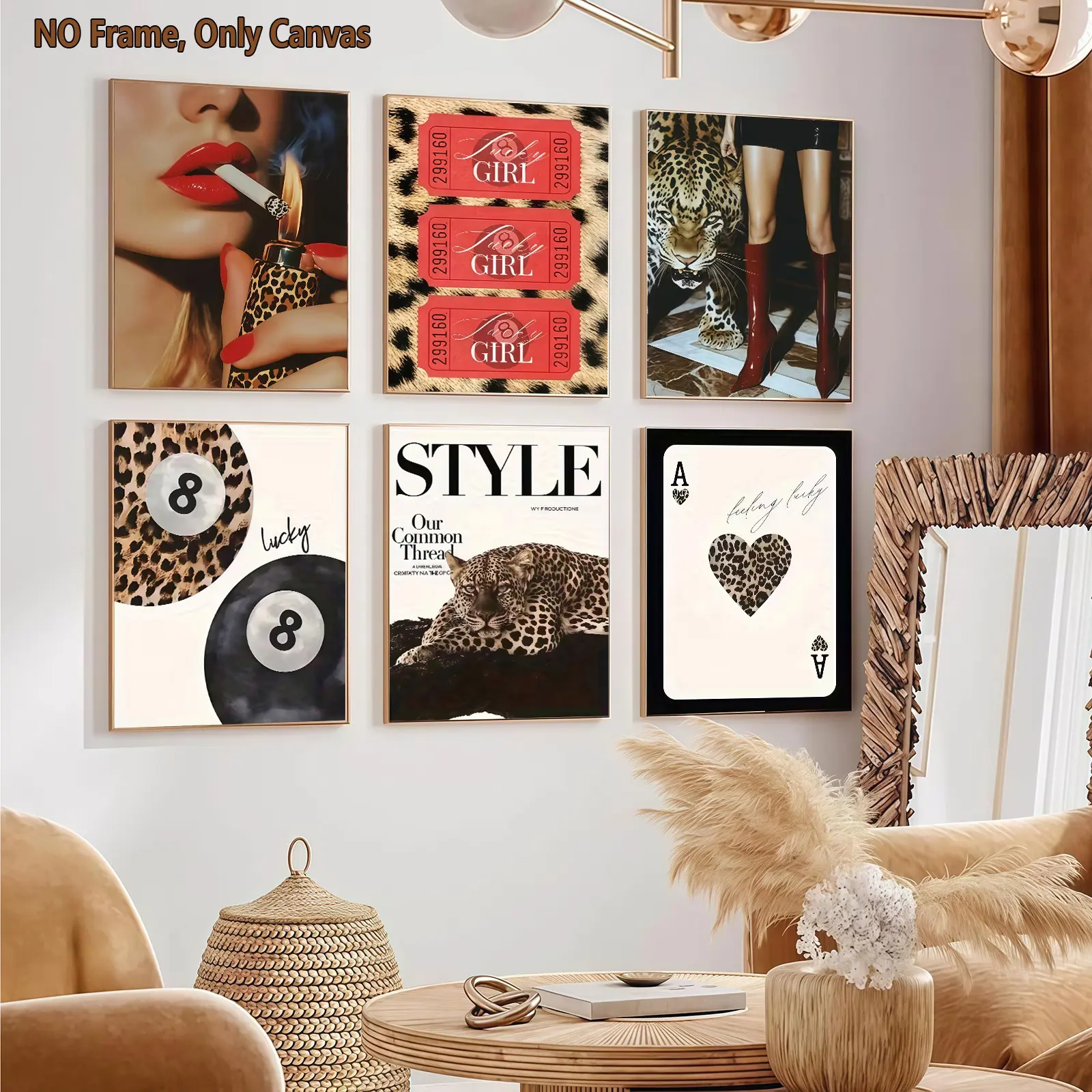 6-count frameless canvas, Unframed art print, leopard print black 8 retro hot girl style decorative poster, light luxury style art decoration, living room wall art, modern family poster, suitable for corridor walls, office art, exquisite gifts