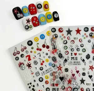 3D Nail Stickers for Pool & Dice Design - Cartoon Style Press-on Nail Art Decals.
