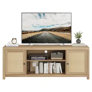 Boho TV Stand with Storage, Rattan Entertainment Center and Wood Media Console Cabinet for Living Room Bedroom, Adjustable Shelves and Cable Management, Under TV Cabinet for Flat or Curved TVs in Multiple Sizes