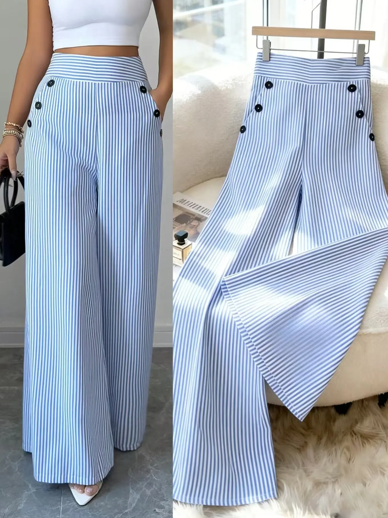 New Spring & Summer Simple Elegance Woven Blue Striped Wide-Leg Bell Bottom Pants, Hidden Zipper Pockets Button Design Womenswear