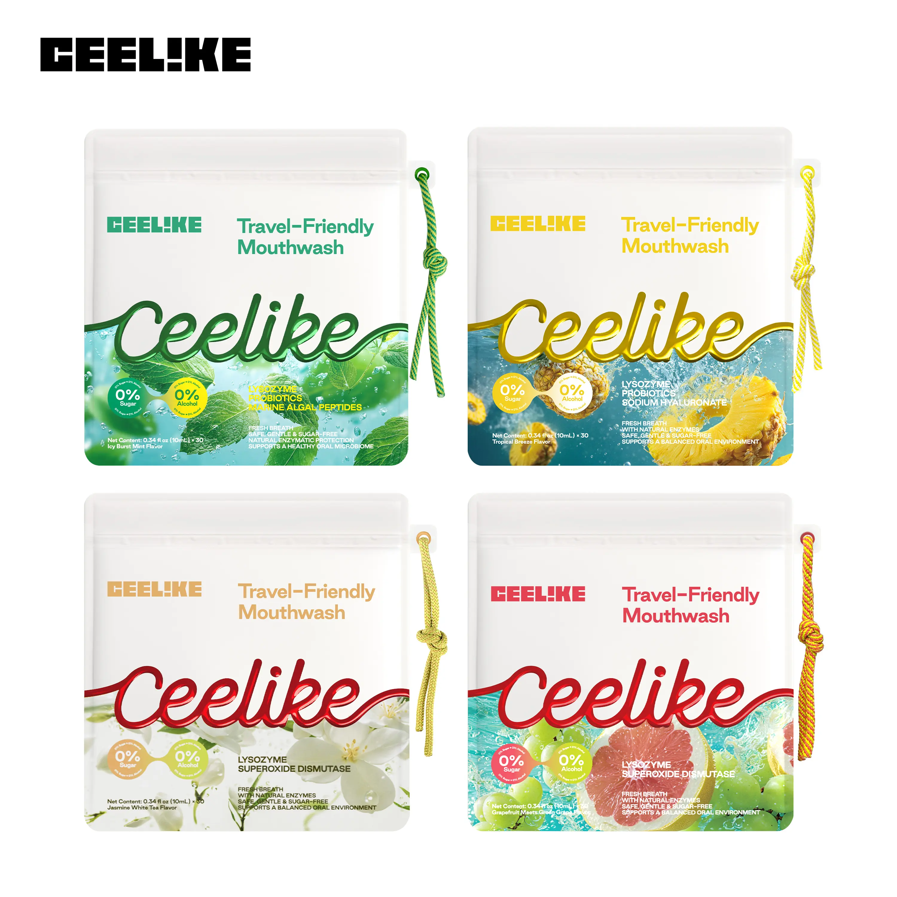CEELIKE Scented Unisex 10g Antibacterial Mouthwash Multi-Pack, Travel-Ready Oral Rinse Set with Travel Pouch, Breath-Fresh, Long-Lasting Aroma, Multiple Flavors, Minty Notes