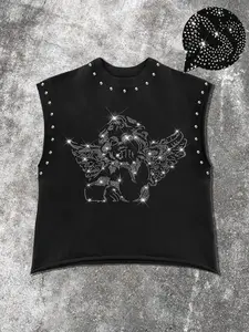 Men's Summer Sleeveless Round Neck Tank Top, Vest, Singlet Basketball, Angel Rhinestone Graphic, Casual Academy Sporty Tank Top Basketball Sports Gym Wear, Sleeveless Gym Tops
