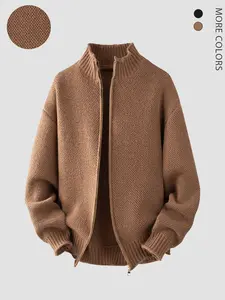 Men's Fitted Plain Stand Collar Cardigan, Warm Comfortable Autumn Winter Knitwear, Classic Zipper Design, Fashion Casual Daily Wear