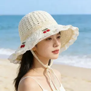 Korean-style Sweet Cherry Embroidered Straw Hat Summer Sun Protection Foldable Trendy Beach Hat for Vacation