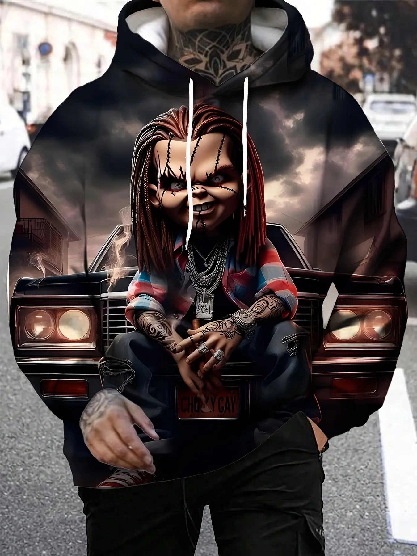 Men's Casual Sports Fitness Outdoor Home Hooded Sweater, Sweatshirt, Hooded Pullover Sweatshirt, Chucky Pattern 3D Printing, Regular Version, Elastic, With Drawstring Pocket, Knitted Fabric, Versatile Styles