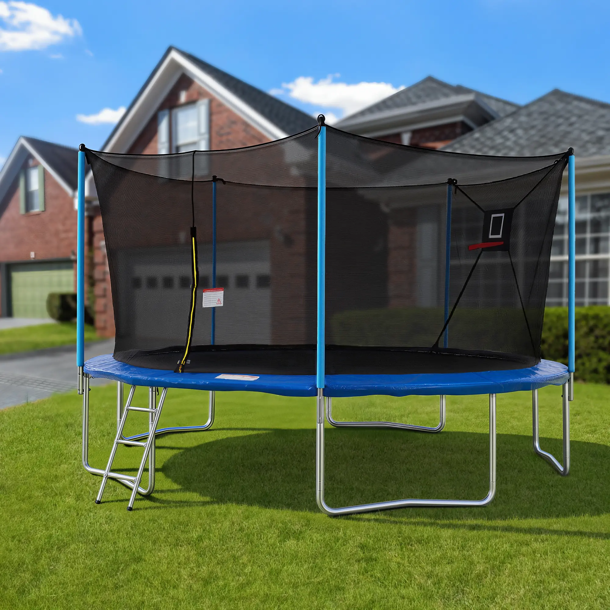 Mersco 14ft Outdoor Kid Trampoline with Safety Enclosure Net, Basketball Hoop, Ladder & Rebounder, Ideal New Year/Birthday Gift for Kids (Fun Play Equipment), Steel Frame, Outdoor Kids Stuff