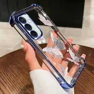 Luxury Electroplated Four Corners Anti Drop Protective Plating Shockproof Case For Samsung Galaxy S24 S23 S22 Ultra Plus S23FE S24FE cute Pink butterfly Phone Case Full Protect Clear Case cover