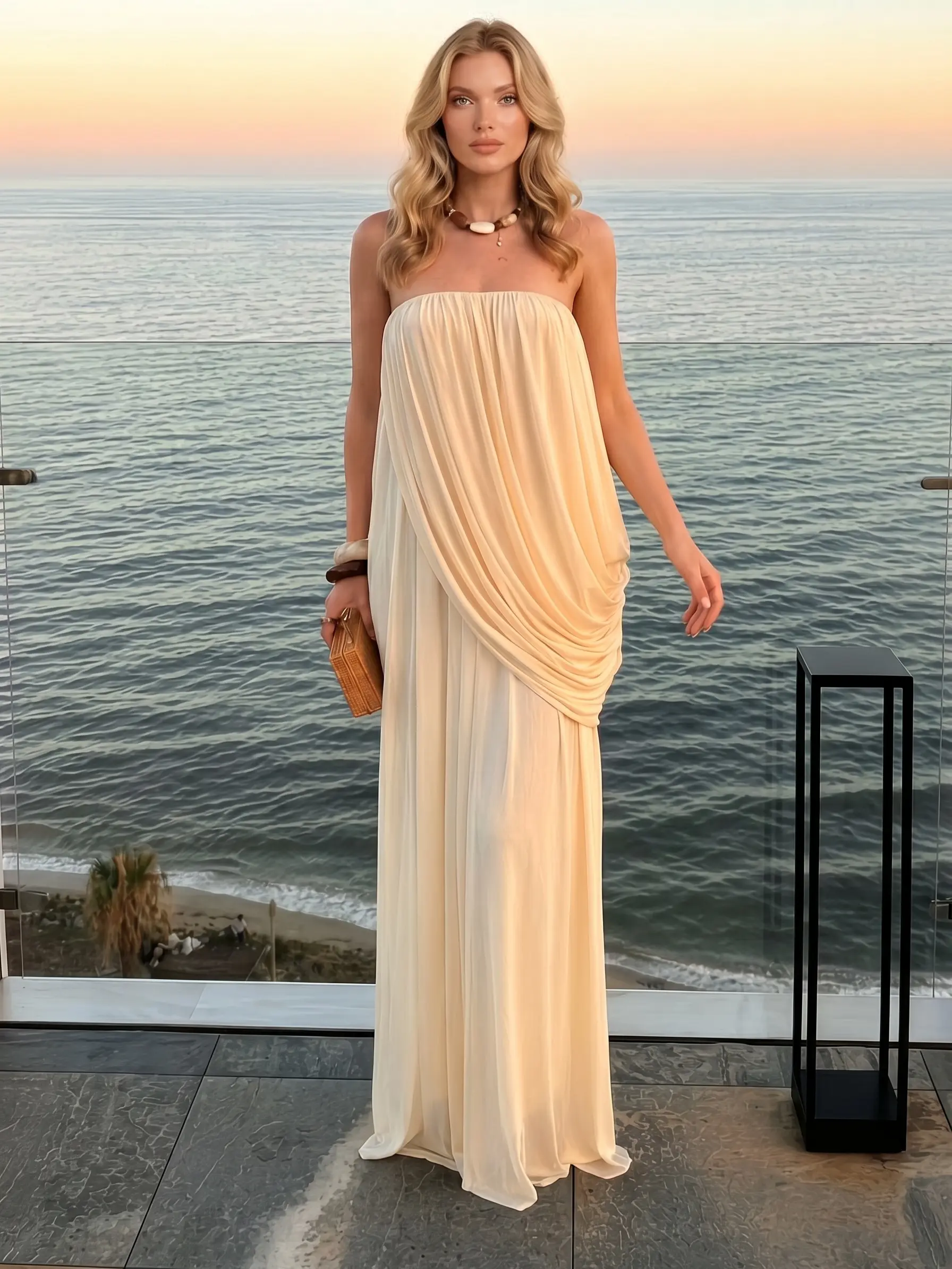 LikeMyChoice 2026 Cream Strapless Draped Maxi Dress - Beach Wedding Guest Flowy Chiffon Formal Gown Breathable Chiffon Fabric Versatile Cream Hue Travel-Friendly Design - Casual