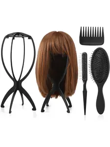 2 Pack Wig Head Stand with 3pcs Wig Brush Comb, Detangling Hairbrush, Travel Wig Holder Comb Set for Women, Multiple Wigs Organizer, Salon Styling Brush