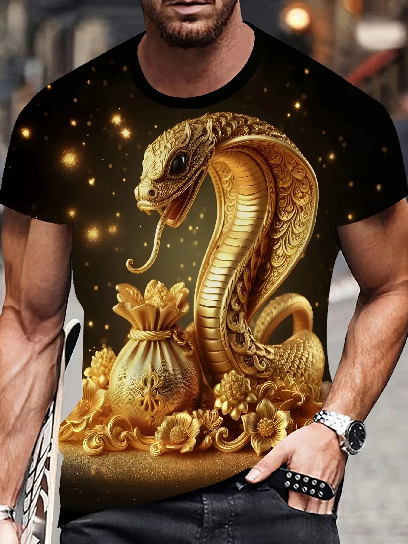 (Alai Selection) Men's 3D Golden Python Print-Shirt- Casual Comfortable, Breathable Polyester Fiber, Washable, Pattern Print Crew Neck-Shirt, PLUS SIZE