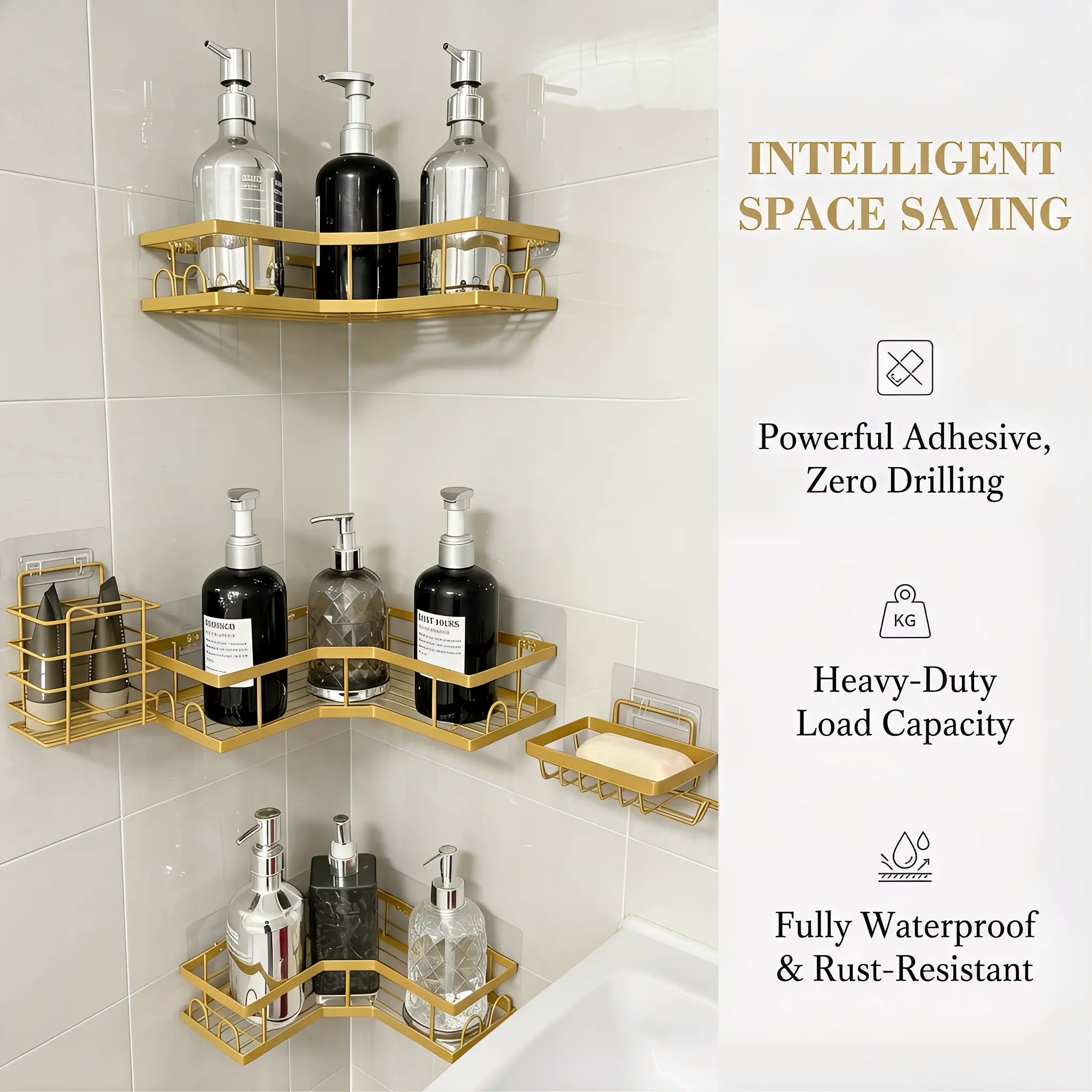 "No Drill Shower Caddy 5-Pack — Rustproof Stainless Steel Shower Shelf Organizer Set with Toothbrush Holder & Soap Dish, Self Adhesive Wall Mount Storage Rack for Bathroom #showertok #bathroomorganization #tiktokmademebuyit"