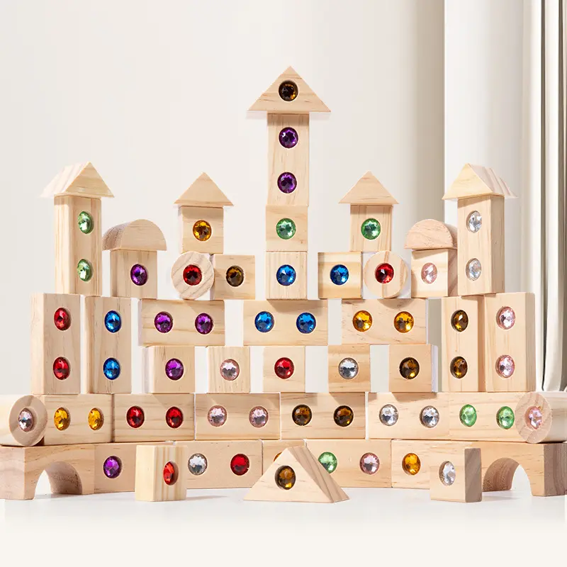Hatwoo 32pcs/50pcs Colorful Acrylic Stones & Wooden Building Block Set - Geometric Educational Puzzle Toy for 3-4 Years Toddlers, Boosts Color Sensory Perception, Ideal for High-Rise Building, Christmas Gift with Good Light Transmittance, Rainbow, Hand-Ey