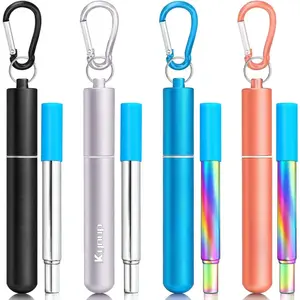 Straws, 4Pack Collapsible Portable Metal Straw  Foldable Stainless Steel Drinking Travel Telescopic Straw with Case, Clean Brush,  Gifts (Blue-Black- Rose -)