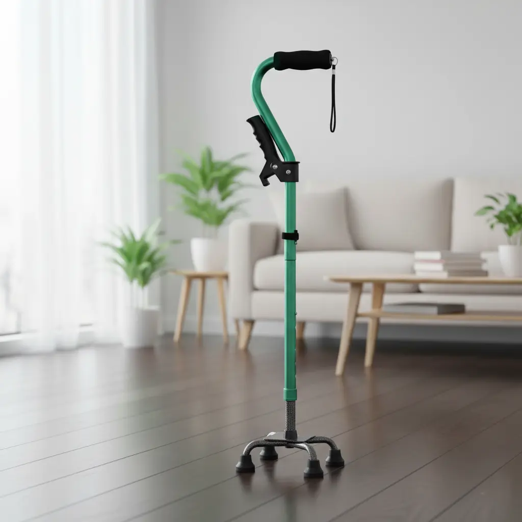 VIVA CARE Everyday Stylish Walking Stick – Foldable Adjustable Non-Slip 4 Prong Self-Standing Design, Green