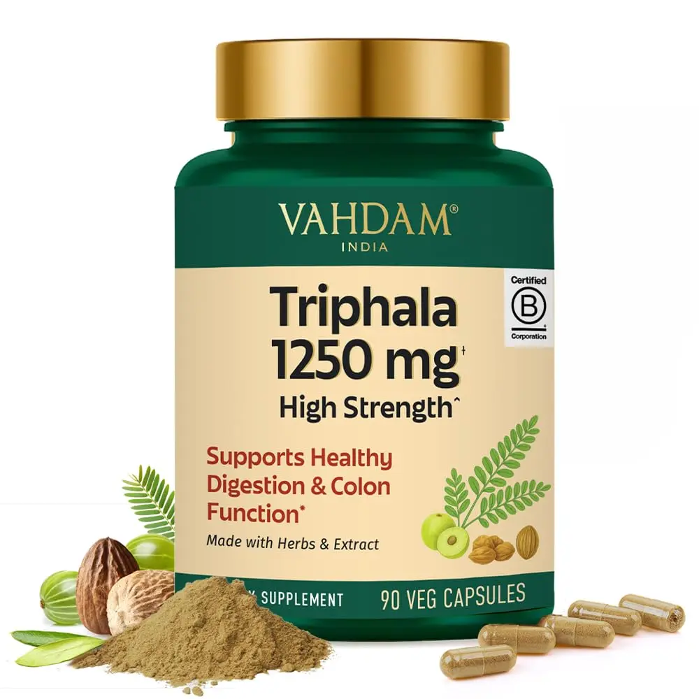 VAHDAM Triphala Dietary Capsules - 1250mg High-Strength Herbal Healthcare Supplement with Amla, Bibhitaki, Haritaki Extracts, Supports Healthy Digestion & Colon Function for Adults, 90 Capsules