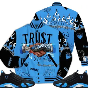 14 University Blue Outfits, Black University Blue 14s Varsity Jacket, Trust No One Tattoo Unisex T-Shirts To Match Sneakers Streetwear