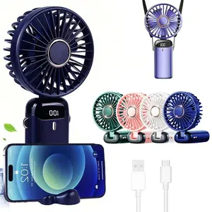 1pc USB Fan, Mini Fan, Electric Fan, Portable Handheld USB Rechargeable Fans, Neck Fan, Multifunctional Fan, Handheld Cooling Fan, 5 Wind Speeds, With Digital Display and Lanyard, 90° Foldable Desk Fan With Base, Can be Used as a Phone Stand