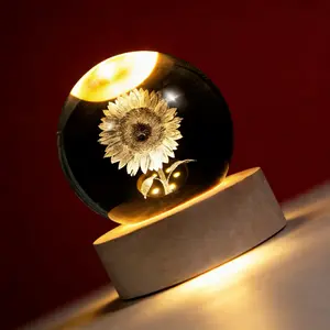3D Laser Etched Sunflower Crystal Ball, Sunflower Decor Glass Sphere Lamp Night Light, Crystal Flower Figurines Collectibles Gifts for Mom Women Girls
