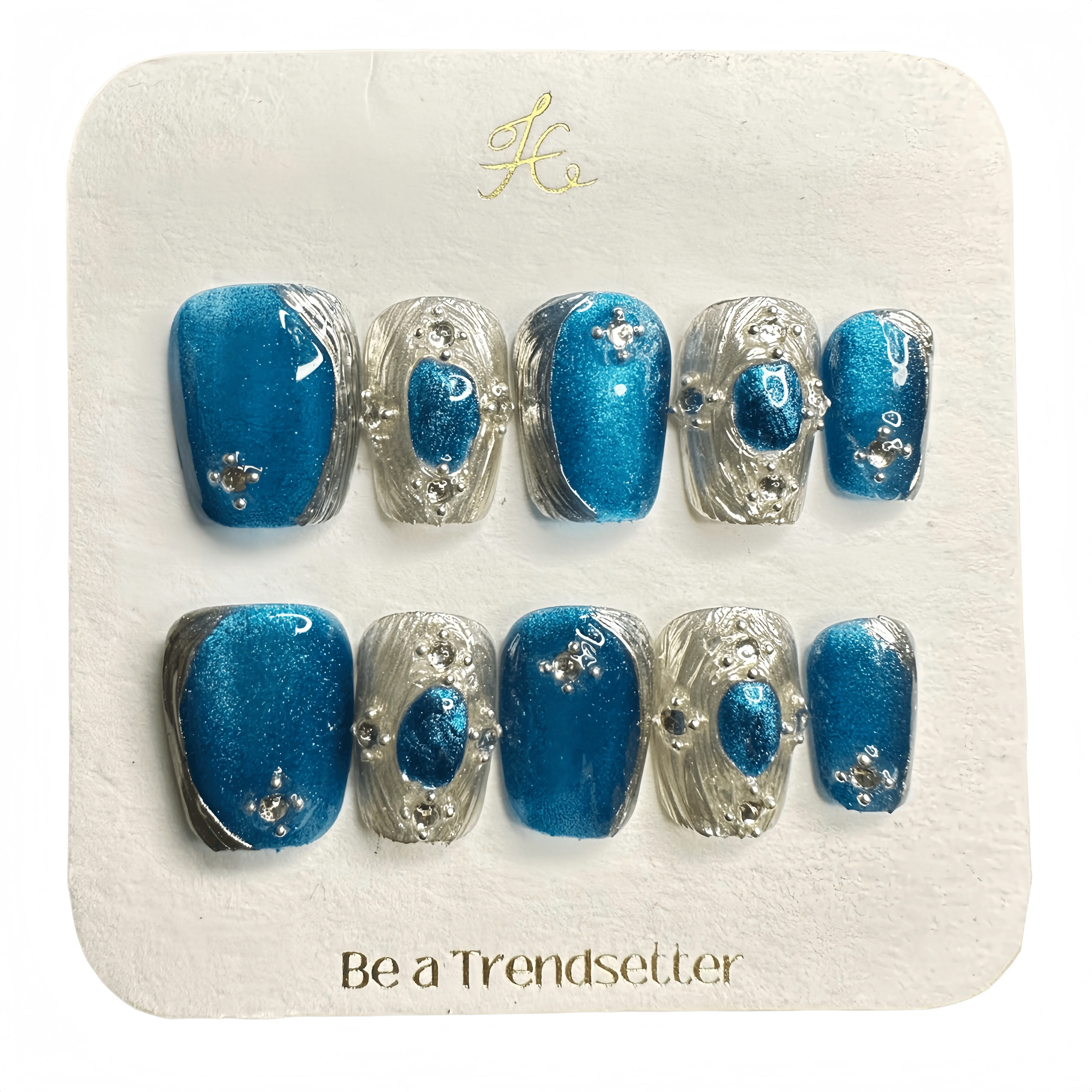 Handmade Short Lake Blue Cat-Eye French Tip Nails - Reusable, Removable Glossy Acrylic Set with Odor-Free Paste & Press Nail Art Products, Unisex, 70g, Health Protection for Daily & Special Occasions