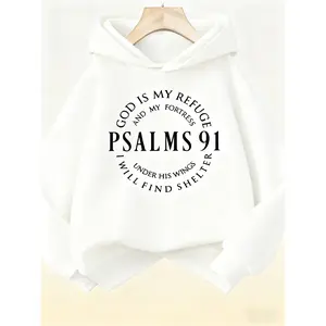 Women's Pink Christian Faith Hoodie with Psalm 91 Print - Machine Washable Comfortable Pullover, Autumn Winter Casual Wear Inspiration Religious Clothing Available in 6 Colors