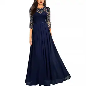 Elegant Women'S Evening Gown Spliced Lace Crew Neck Maxi Dress Wedding Guest Chic Fabric Formal Vacation