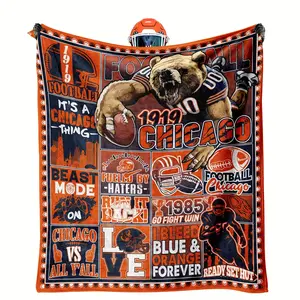 Chicago Football Fan Flannel Blanket-Soft, Comfortable, Warm, Suitable for Sofa, Bed, Office, Travel-Vintage Design with Bear Player Illustration and Team History, Machine Washable, Comfortable for All Seasons, perfect Gift for Men and Women