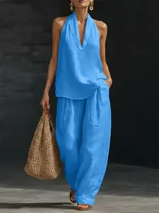 2026 European Style Home Wear Set, Casual Linen Halter Two-Piece Suite, Summer Deep V Sleeveless Top + High-Waisted Wide Leg Pants