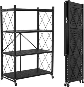 4-Tier Foldable Storage Shelf with Wheels Metal Rack Collapsible Shelving Unit Display Rolling Cart for Books Kitchen Storage Shelves Pantry Closet Organizer Office Room Decor