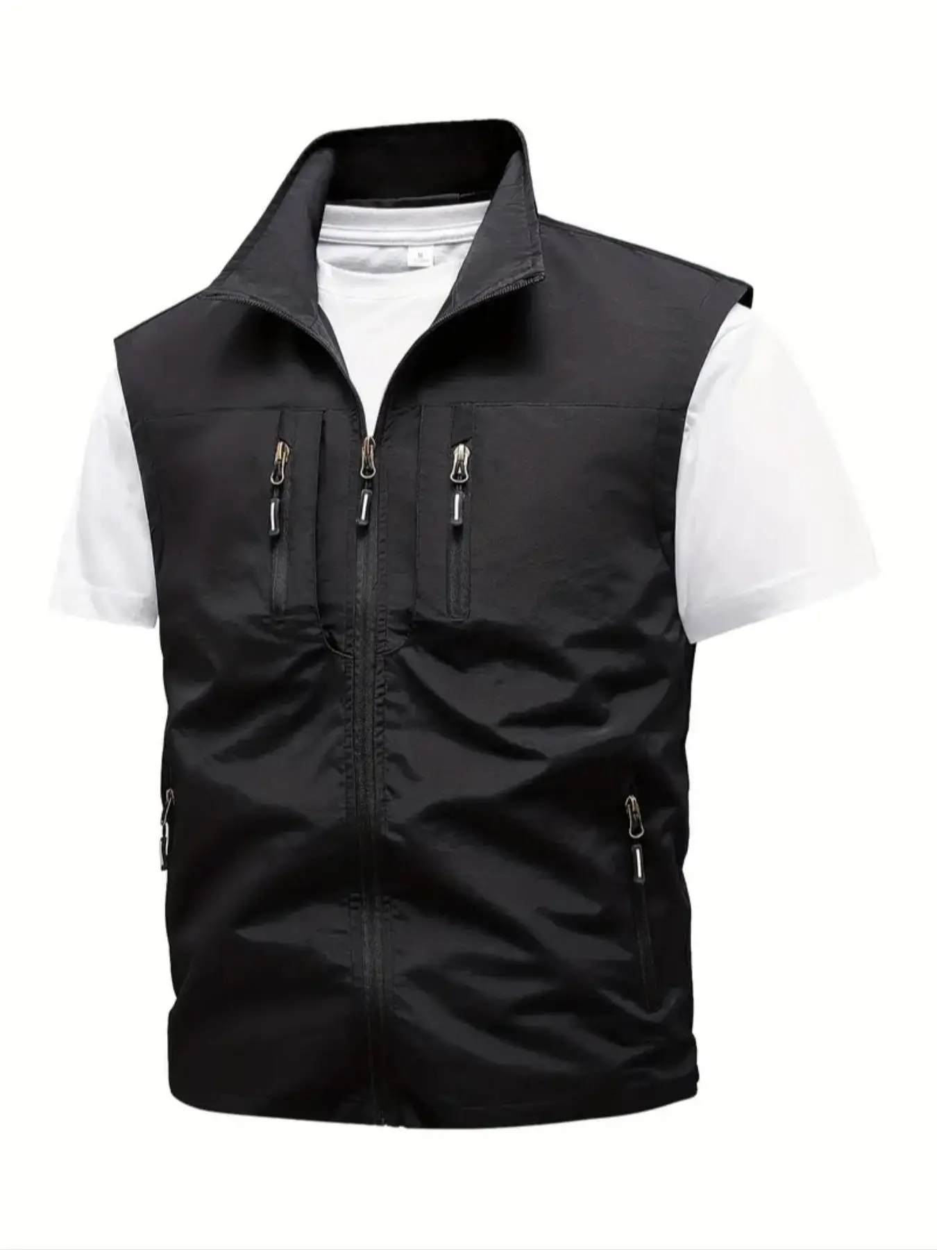 Men's Solid Pocket Zipper Vest Waistcoats, Regular Fit Casual Street Style Sleeveless Collared Outerwear for Fall & Winter, Men's Clothes for Outdoor Activities, Streetwear, Menswear