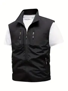 Men's Solid Pocket Zipper Vest?Waistcoats,?Regular Fit Casual Sleeveless Collared Outerwear for Fall & Winter, Men's Clothes for Outdoor Activities