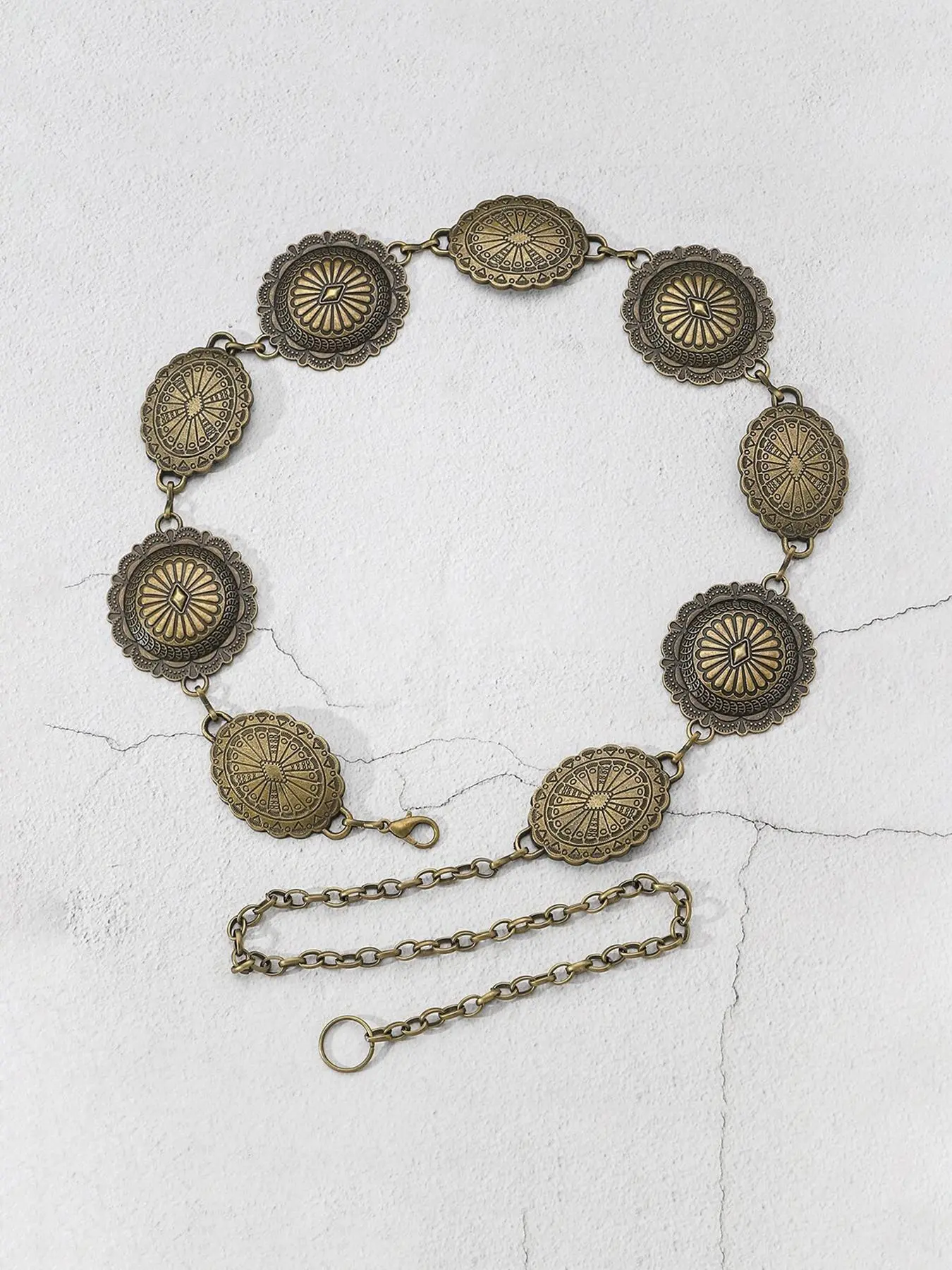 Vintage Round Shaped Embossed Decorated Chain Belts for Women, Trendy Statement Belts, Trendy Exquisite Belt, Stylish Belts, 2025 Fall Boho Style Fashion All-match Female Accessories, Brass Color Back To School Y2k Charms Accessories