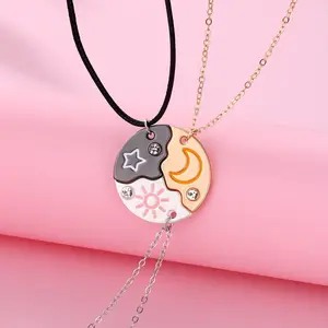 Set of 3 Round Rhinestone Star Moon Sun Friendship Necklaces BFF Best Friends Forever Fantasy Cute Pendant for Unbreakable Friendship