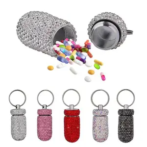 Bling Portable Medication Holder Keychain in Sparkling Rhinestone Design with 6 Color Options for Easy Access