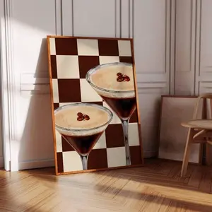Espresso Martini Art Poster - Beige Bar Cart Decor, Cocktail Poster, Retro Checkered Wall Art, Trendy Kitchen Print, Cocktail Bar Cart Print, No Frame