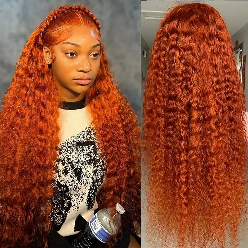 Bling Hair Ginger Oranger 13x6 Deep Wave Wig 13x4 13x6 Hd Transparent Lace Front Wigs Colorful Human Hair Curly Wave Wig For Women Pre Plucked With Baby Hair 180% Density