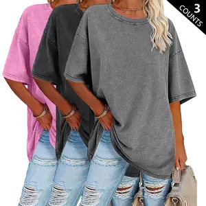 3-Pack 230 g Vintage Washed 100% Cotton T-Shirts – Basic Style, Women’s Casual Crew Neck Summer Tops, Loose Fit, Soft Feel, Breathable Fabric