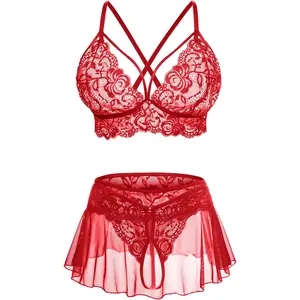 Elegant Women's 3-Piece Lace Lingerie Set - Bralette, Mini Skirt, and Crotchless G-String Outfit for a Seductive Look CRIPOM