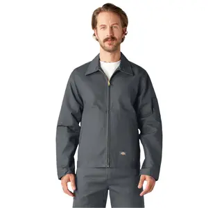 Dickies Men's Unlined Classic Medium-Length Eisenhower Lightweight Cotton Twill Jacket - Charcoal, Brass Zipper, Plain Design, Multiple Pockets, Long Sleeves, Casual Menswear Clothes, Coat & Top