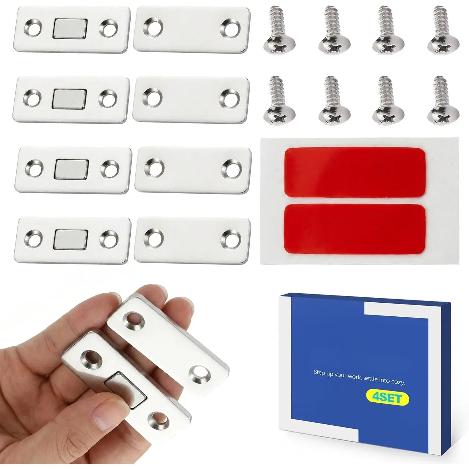 4 Pack Ultra Thin  Cabinet Catch Adhesive Drawer  and Door Latch with Screws, No Drill Closures for Kitchen Cupboard and Wardrobe