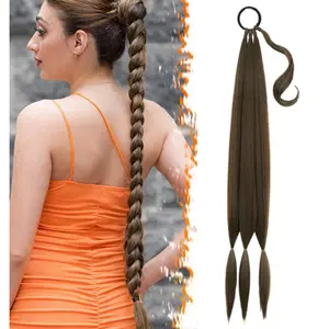 Long Braid Ponytail Extension with Hair Tie 32 Inch Straight Sleek Wrap Around Elastic Band Hair Extensions Braided Pony Tail Fluffy Natural Soft Synthetic Hairpieces for Women Daily Wear Brown Black
