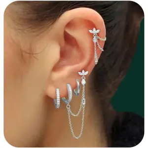 6 count Earring Stacks Cartilage Chain Helix  Sets For Women Flat  Multiple  Dangle Huggie Hoop Stackable Prom
