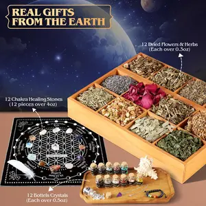 Pack Supplies Kit, Starter Kit for Beginners, Tools Set with Spell Candles, Chakra Healing Crystals and Dried Herbs, Gifts for Women, Lunar Magick, Spell Jar and Spiritual Ritual Kit