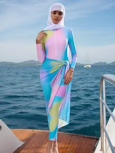 Women's Muslim Conservative Swimsuit Set with Headscarf, Long Sleeve & Pants, Mixed Color Tie-Dye Swimwear, Modest Swimming Wear, Islamic Swimming Suit, for Beach Vacation Spa Pool Party, Modest Swimsuits